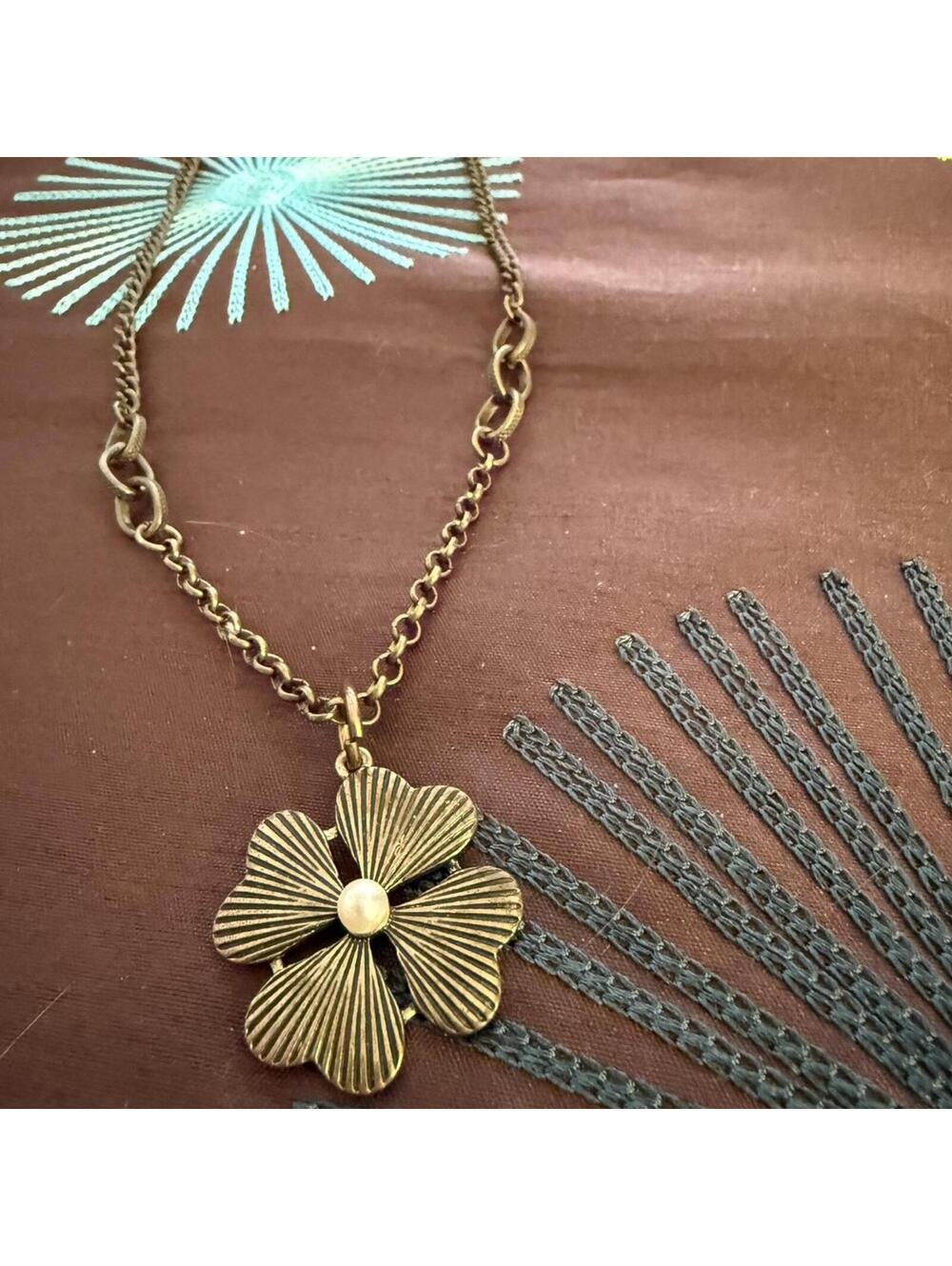 Lucky 4 Leaf Clover Antiqued Gold necklace with a vintage vibe Pearl Accent